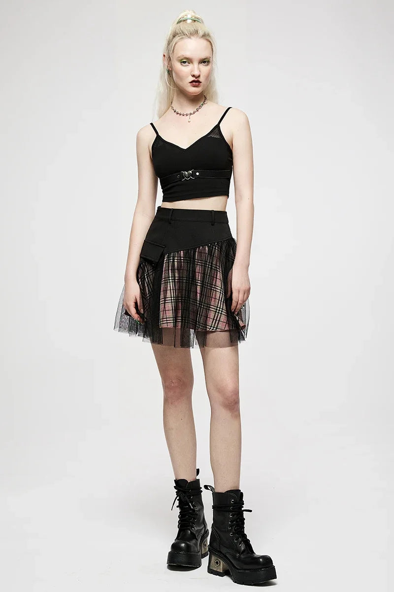 Women's Mesh Panel Plaid High Waist Short College Style Stitched Aline Youth Girl Mini Skirt