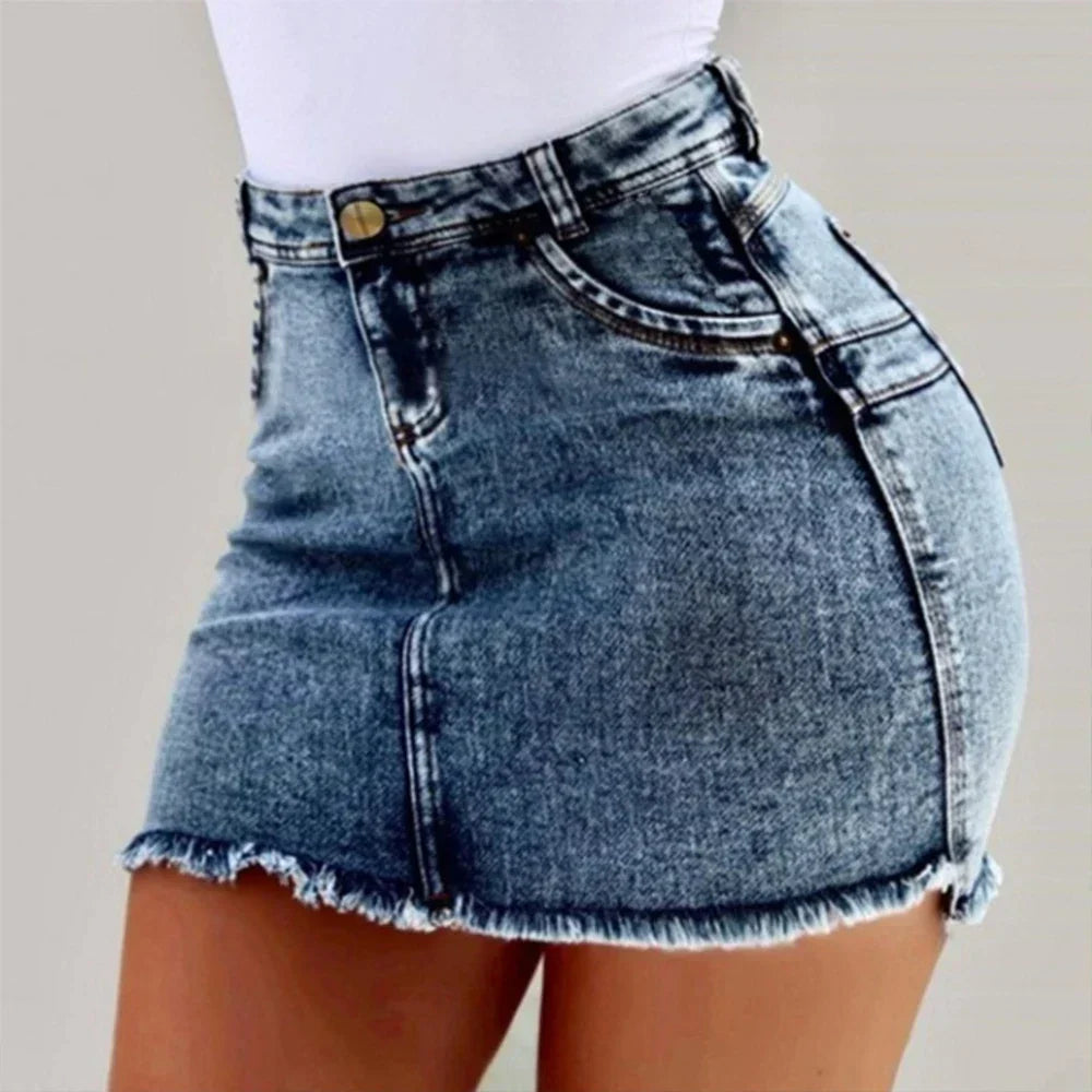 Frayed Hem Holiday Denim Skirt DEEP BLUE / S skirts-250223