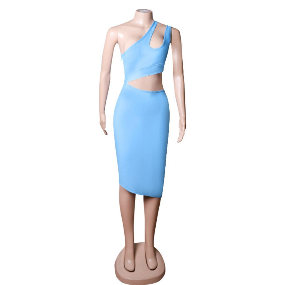 One Shoulder Sleeveless Asymmetrical Midi Bandage Dress PZC1662
