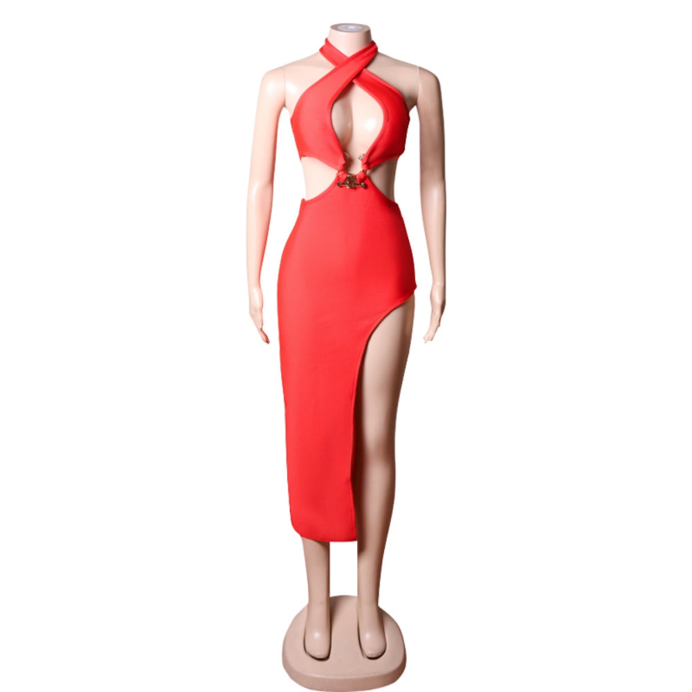 Halter Sleeveless Hollow out Midi Bandage Dress PZC1743
