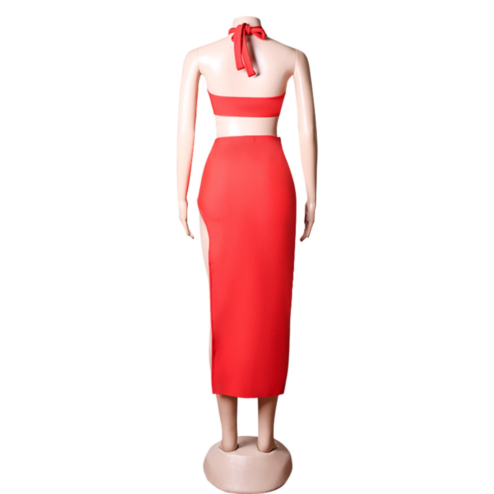 Halter Sleeveless Hollow out Midi Bandage Dress PZC1743