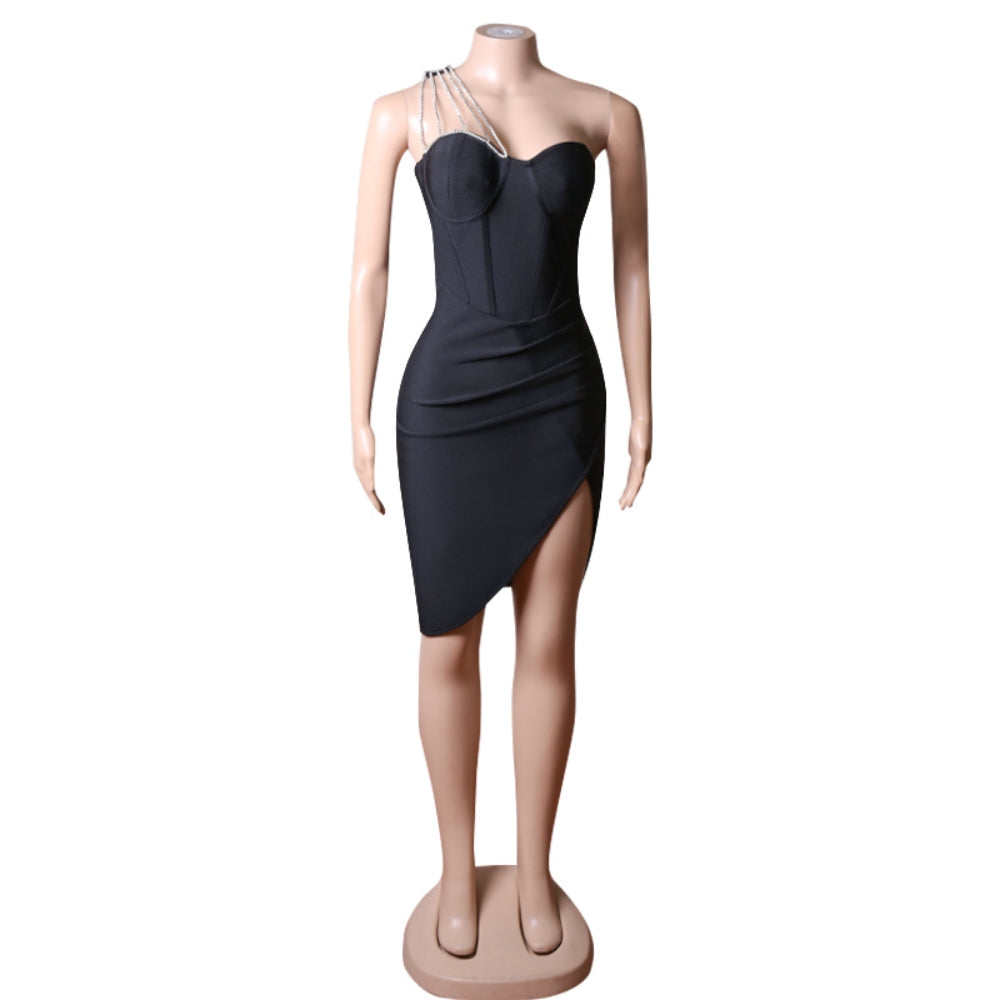 One Shoulder Sleeveless Drill Chain Midi Bandage Dress PZC1757