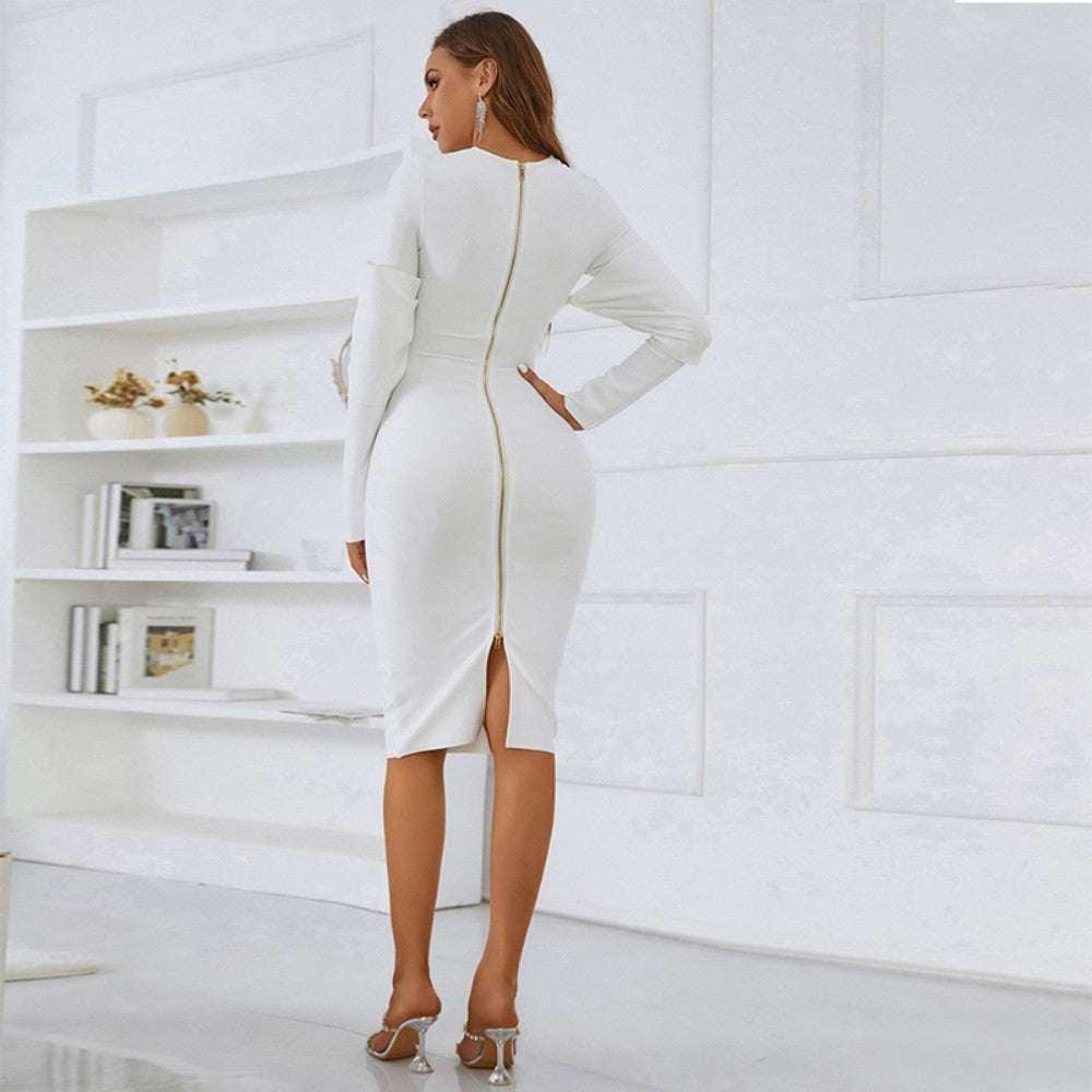 Round Neck Long Sleeve Midi Frill Bandage Dress PZL3001
