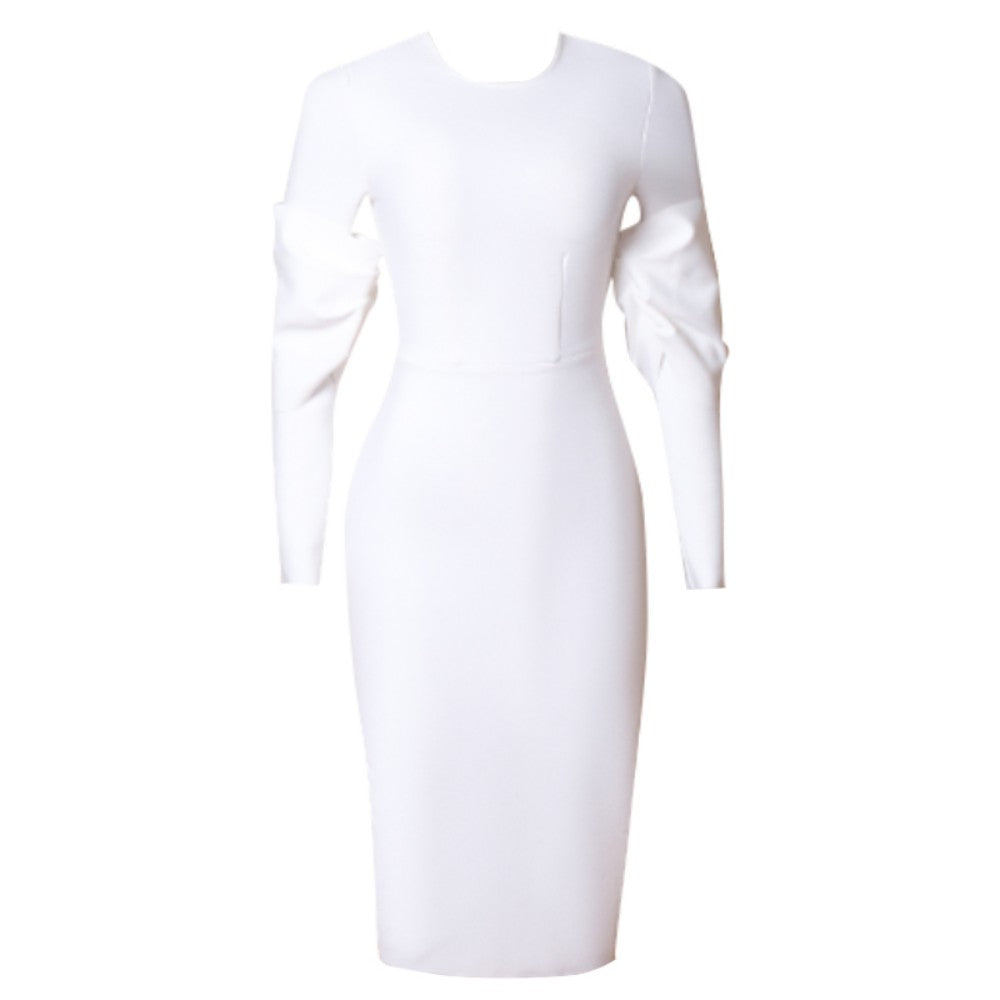 Round Neck Long Sleeve Midi Frill Bandage Dress PZL3001
