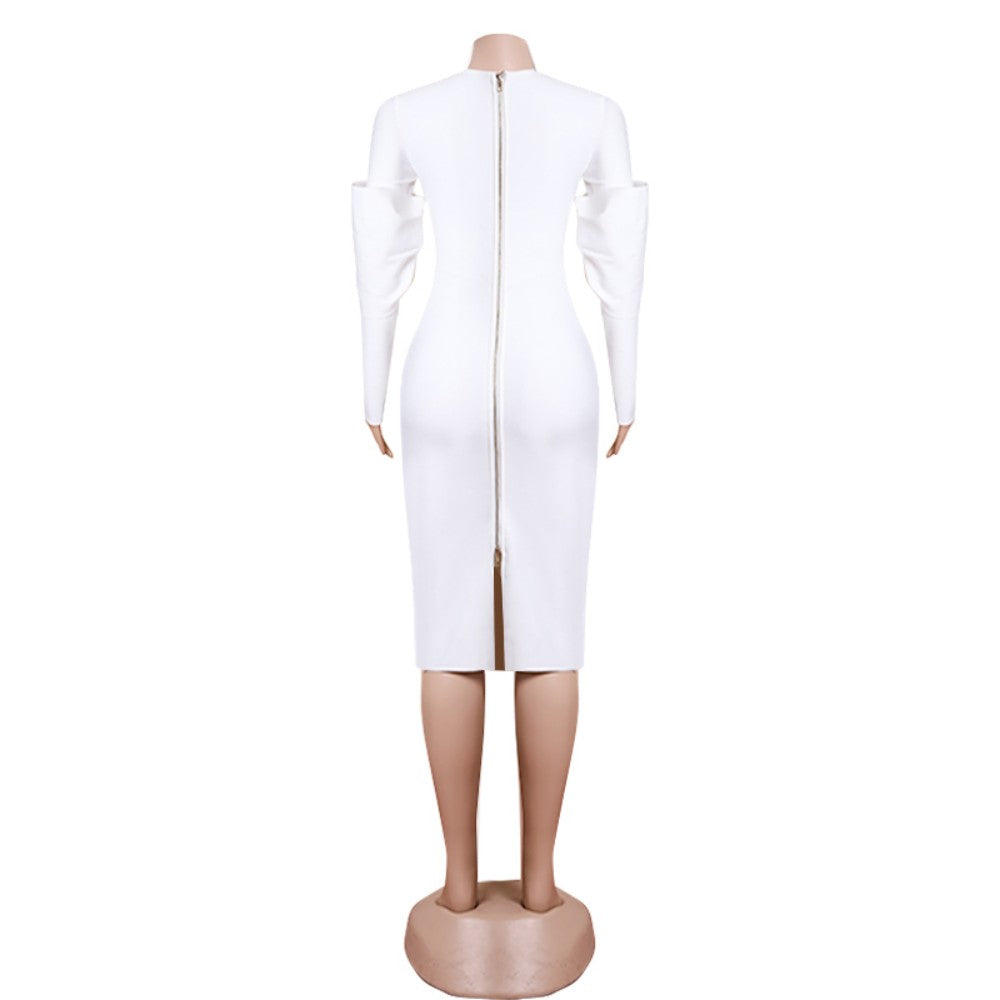 Round Neck Long Sleeve Midi Frill Bandage Dress PZL3001
