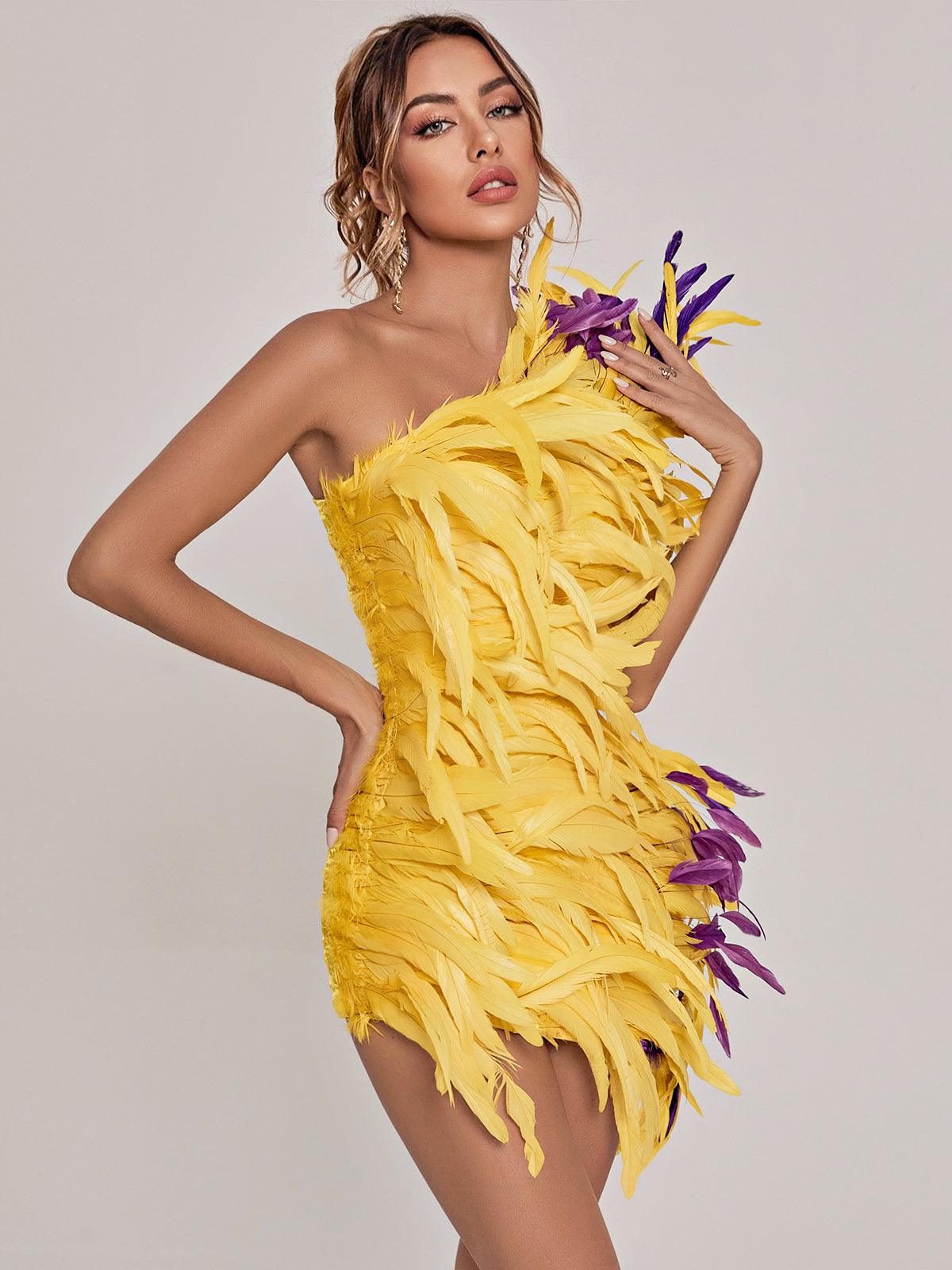 One Shoulder Feather Embellished Asymmetric Bodycon Mini Dress