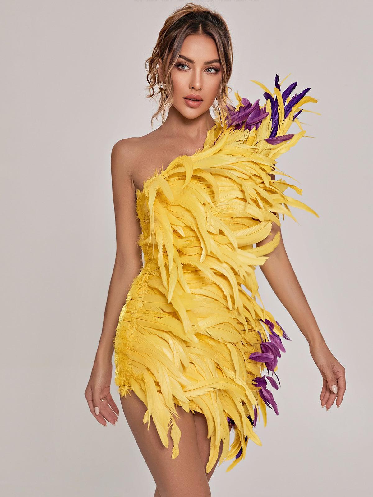One Shoulder Feather Embellished Asymmetric Bodycon Mini Dress