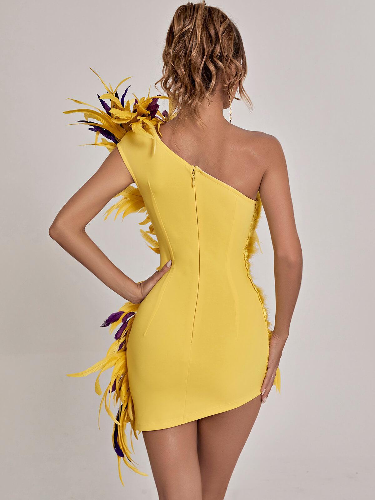 One Shoulder Feather Embellished Asymmetric Bodycon Mini Dress