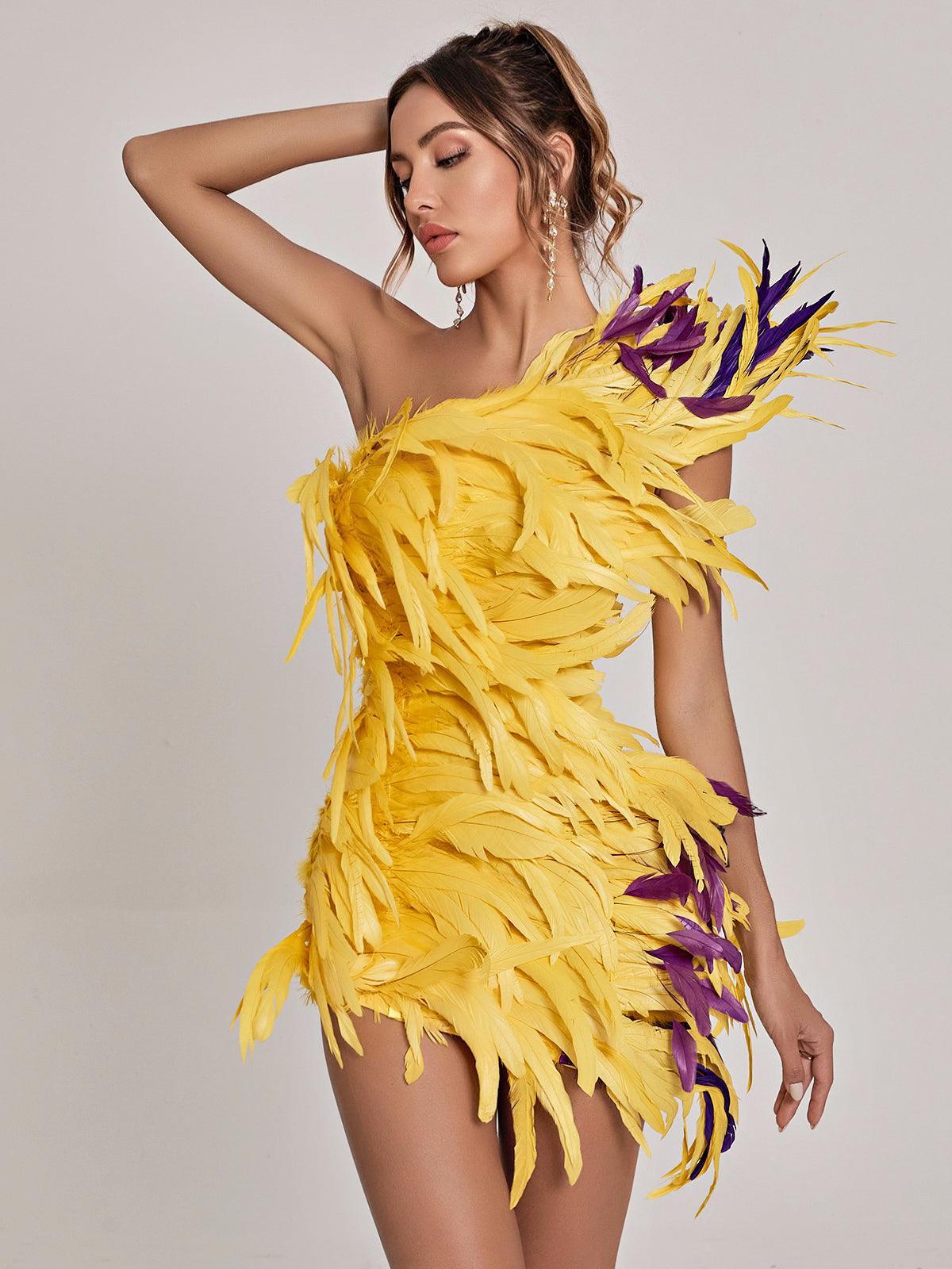 One Shoulder Feather Embellished Asymmetric Bodycon Mini Dress