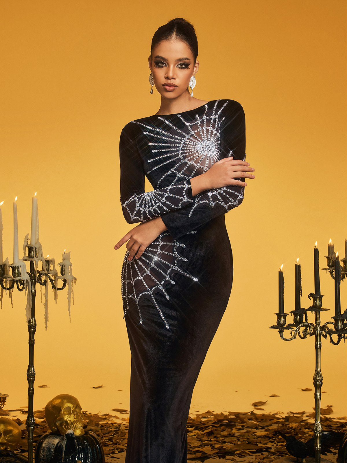 Long Sleeve Cobweb Velvet Maxi Dress