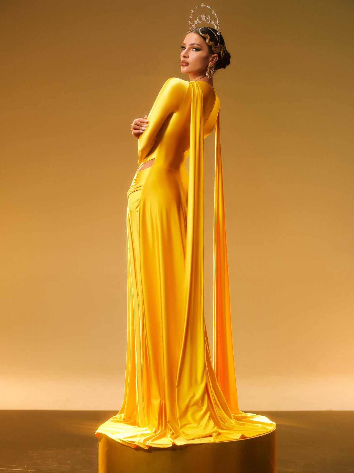Long Sleeve Crystal Satin Maxi Dress