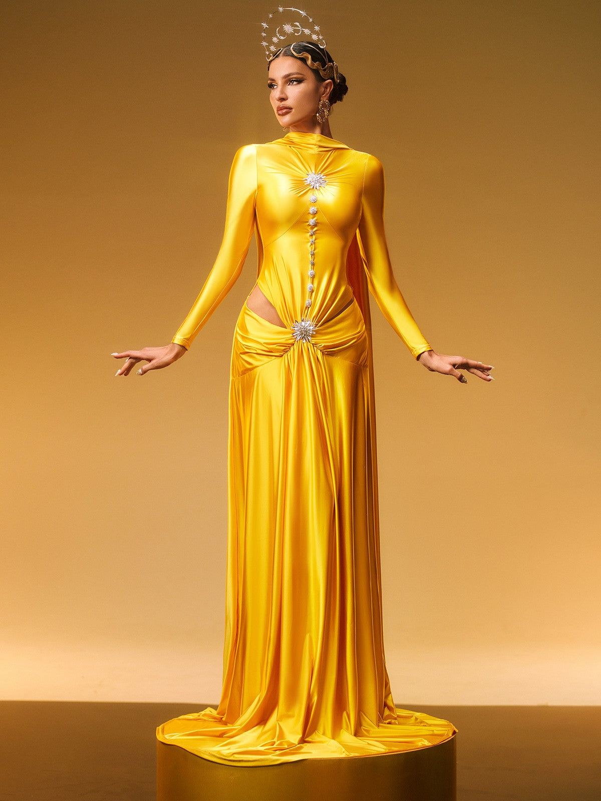 Long Sleeve Crystal Satin Maxi Dress
