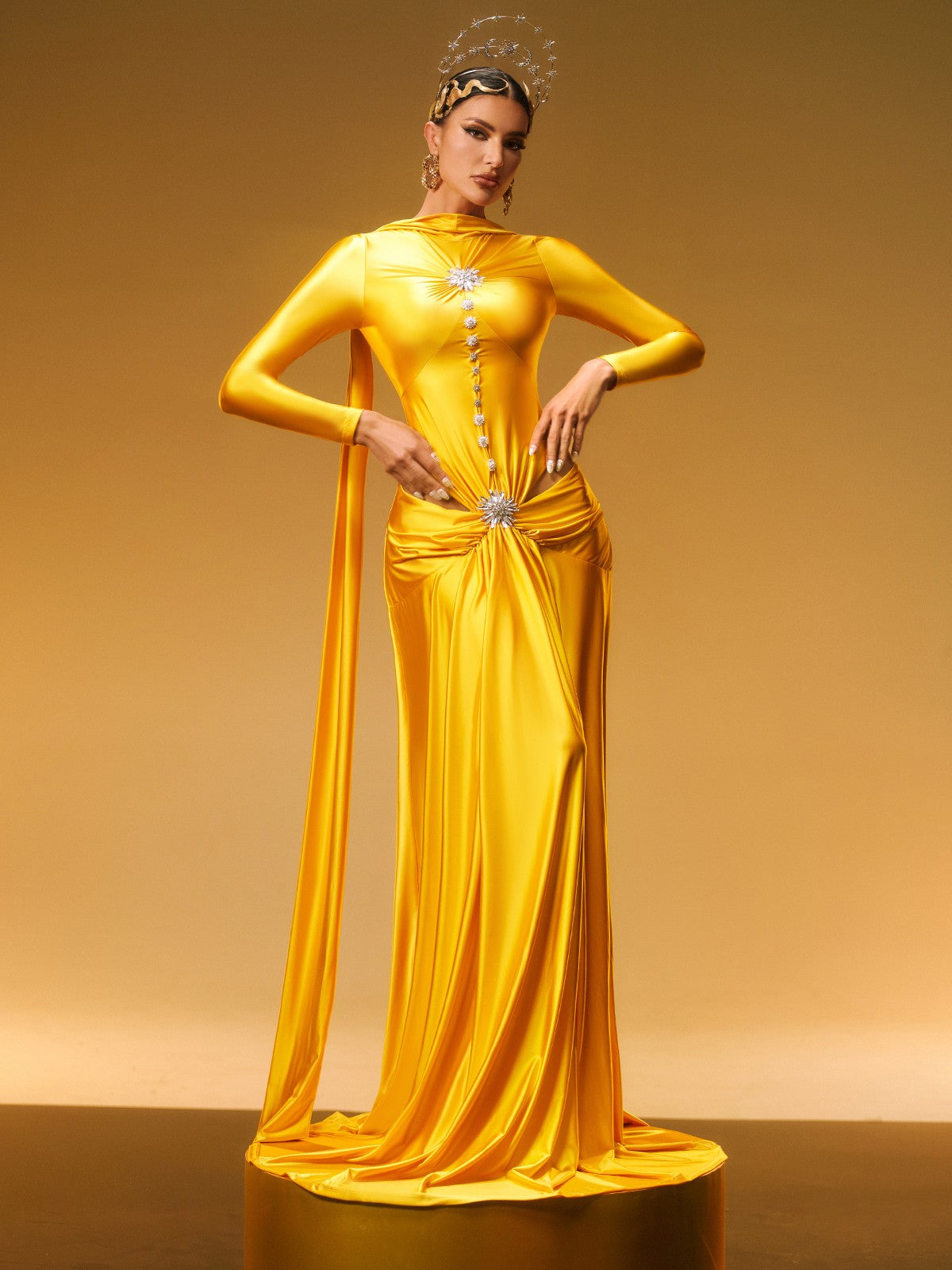 Long Sleeve Crystal Satin Maxi Dress