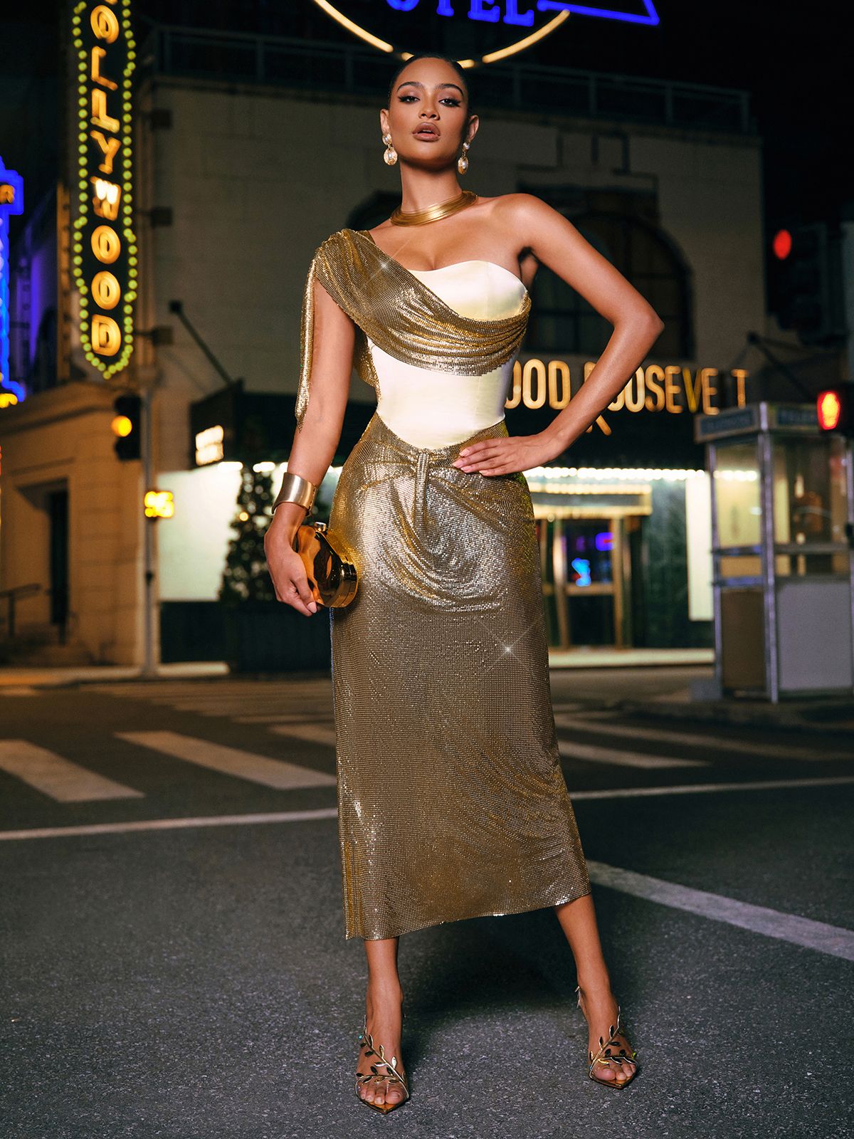 One Shoulder Chainmail Midi Dress