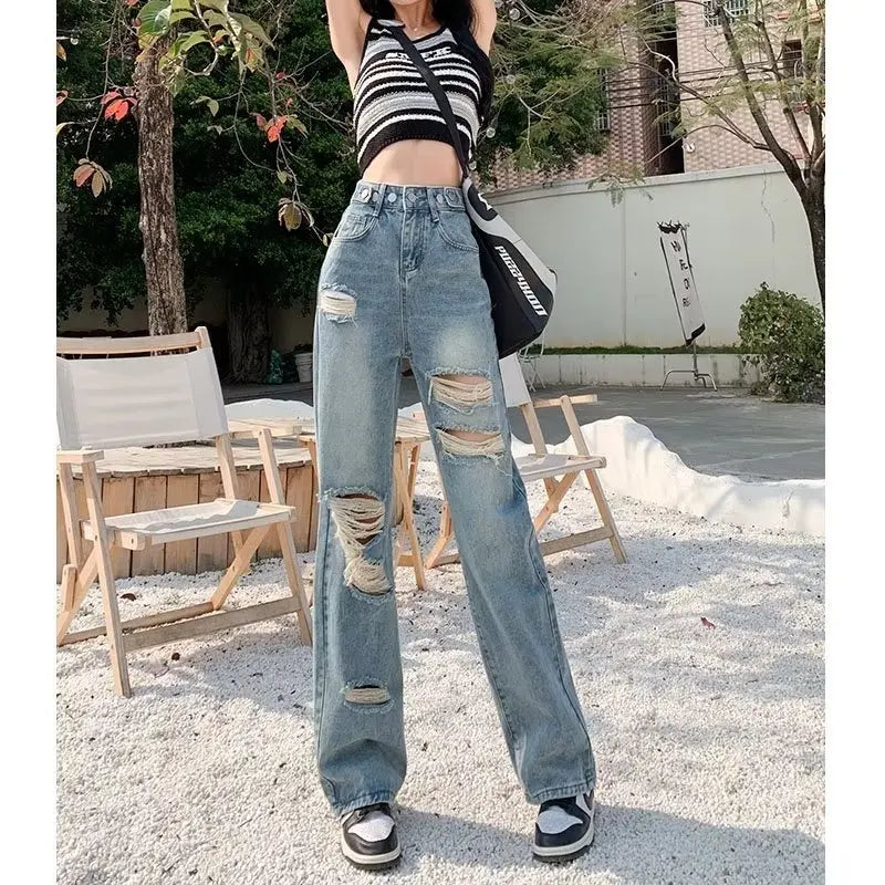 Perforated Jean Pear-Shaped Figure High Waist Straight Tube Loose Fitting Wide Leg Pants Small