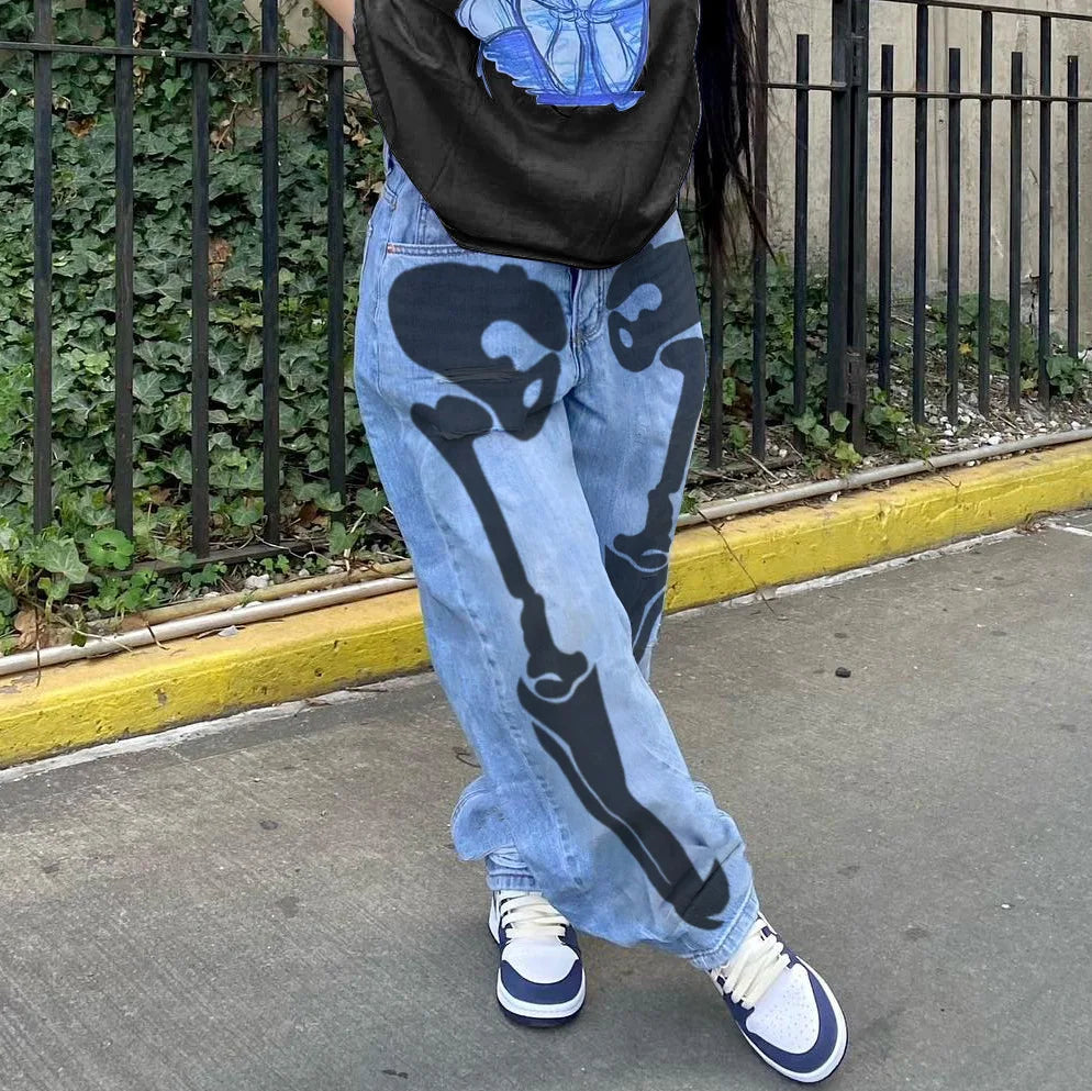Personality Skull Print High Waist Straight Leg Slouchy American Street Y2K Jean
