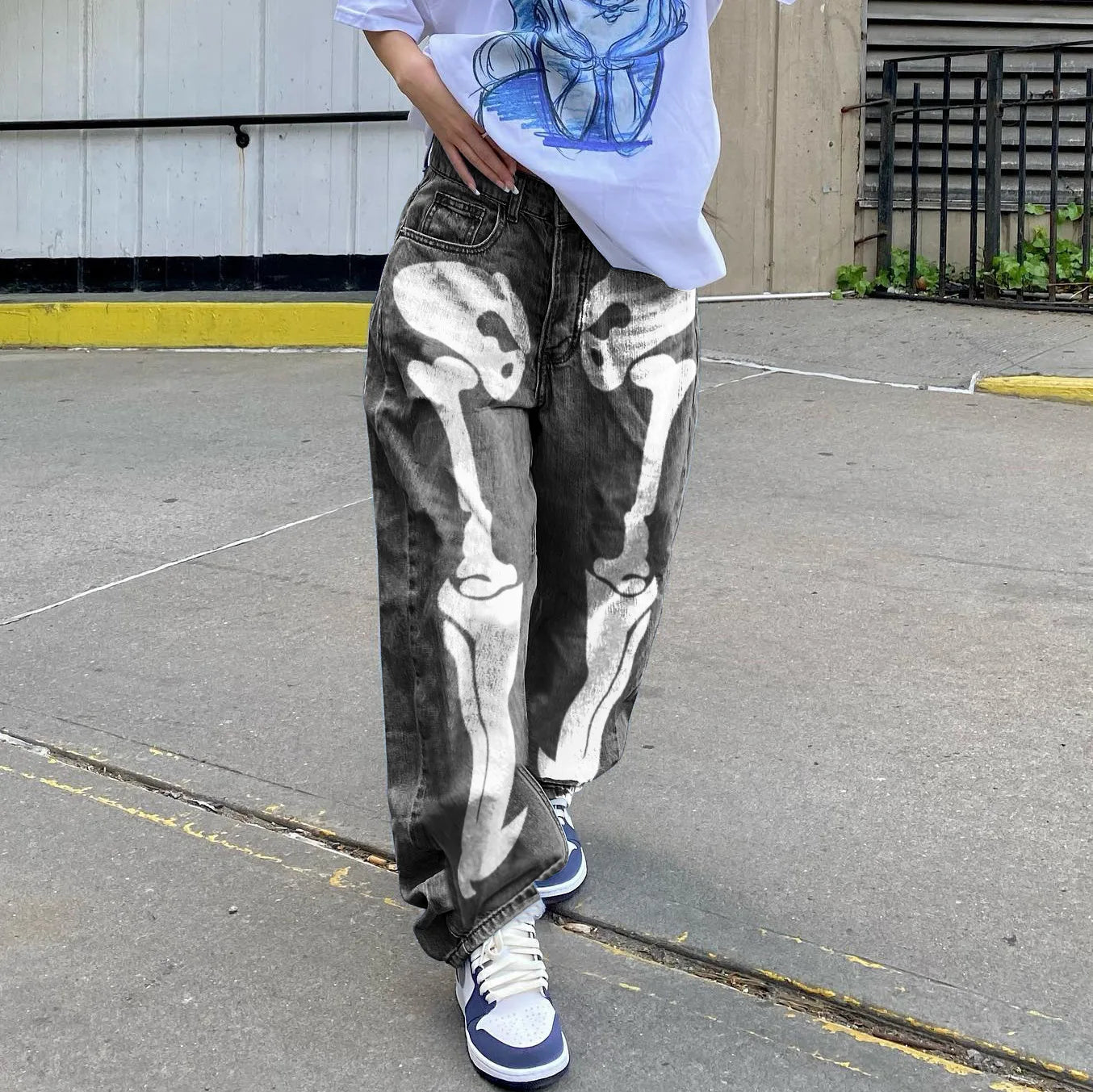 Personality Skull Print High Waist Straight Leg Slouchy American Street Y2K Jean