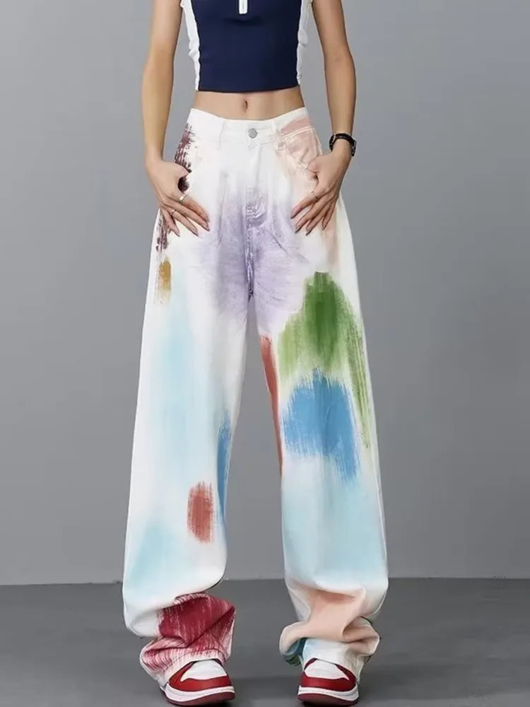 Personalized Graffiti High Waist Slim Hand-Painted Painted Trendy Loose Straight Wide Leg Casual