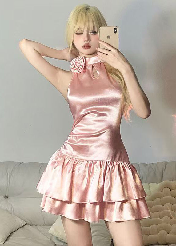 Pink Halter Patchwork Mini Dress Cinched Sleeveless