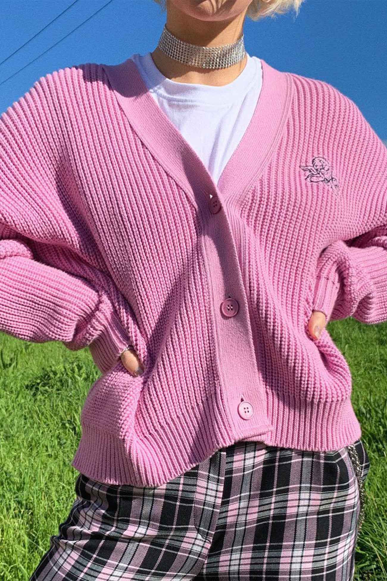 Pink Embroidered Button-Front Cardigan / S Cardigans