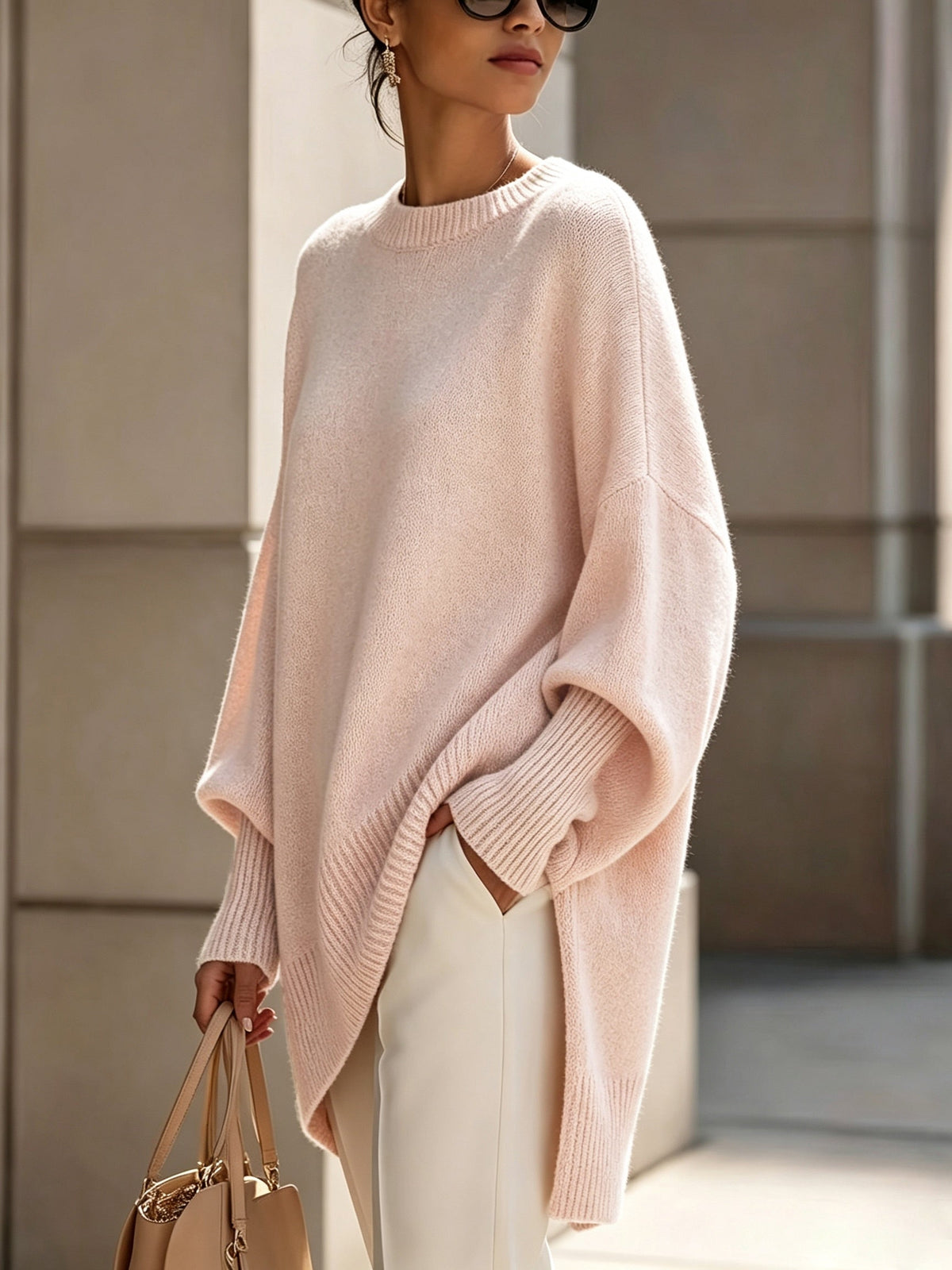Mock Neck Drop Shoulder Asymmetric Hem Oversized Knit Sweater 11