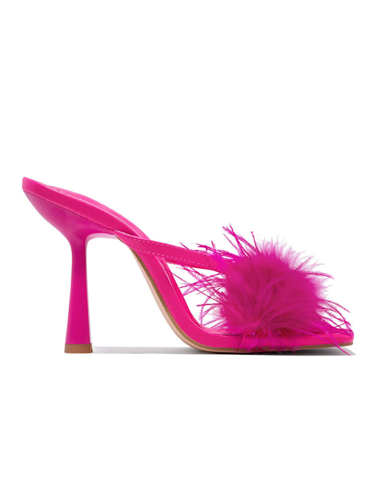 Feather Trim Square Toe Stiletto High Heel Mules
