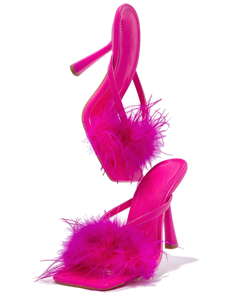 Feather Trim Square Toe Stiletto High Heel Mules