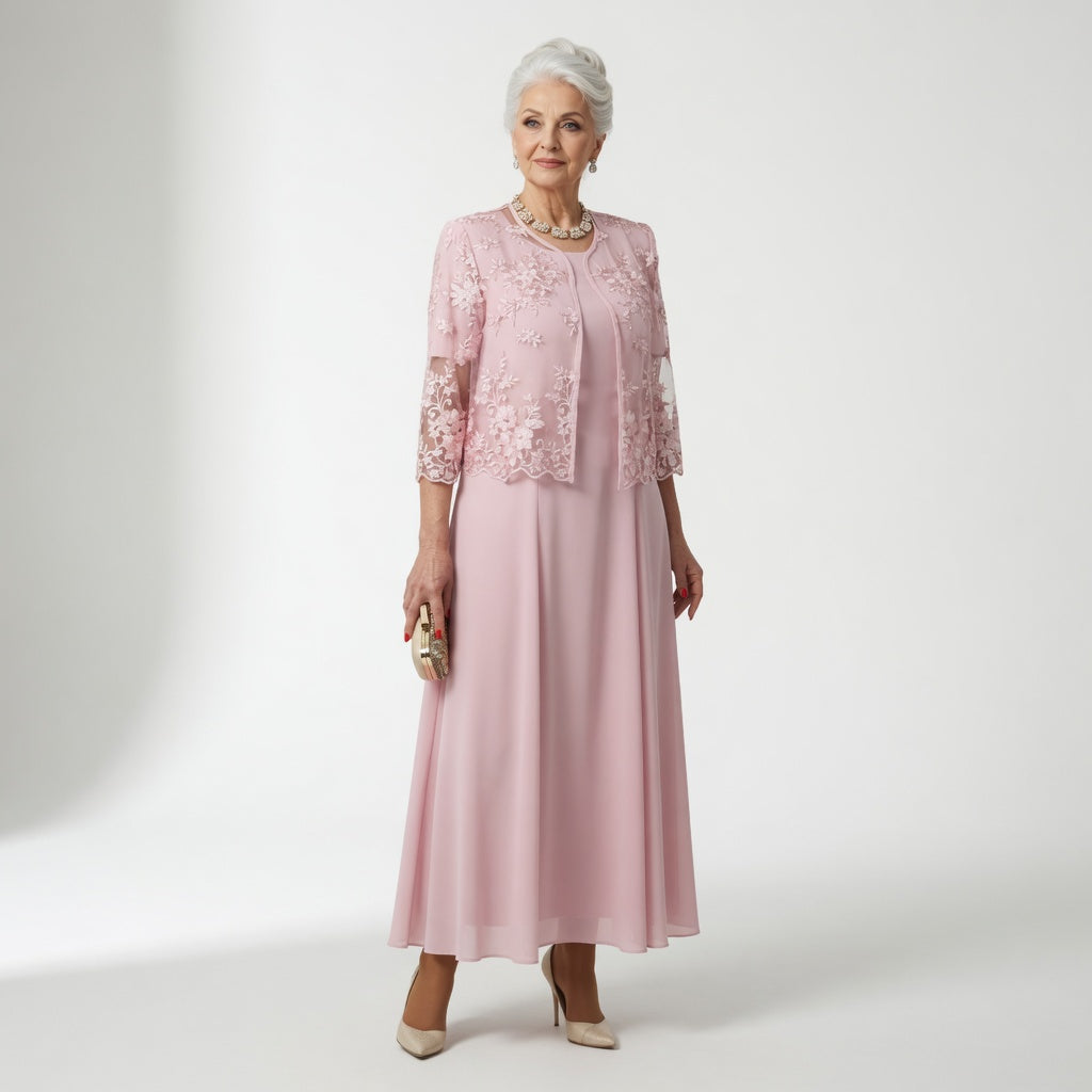 Round Neck Floral Lace Jacket Chiffon Maxi Dress Set