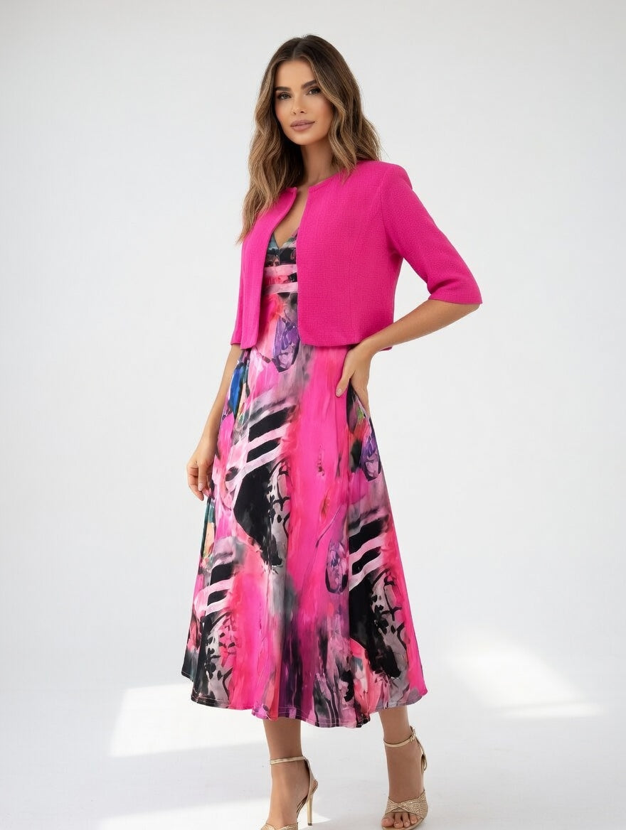 V-Neck Abstract Watercolor Print A-Line Midi Dress
