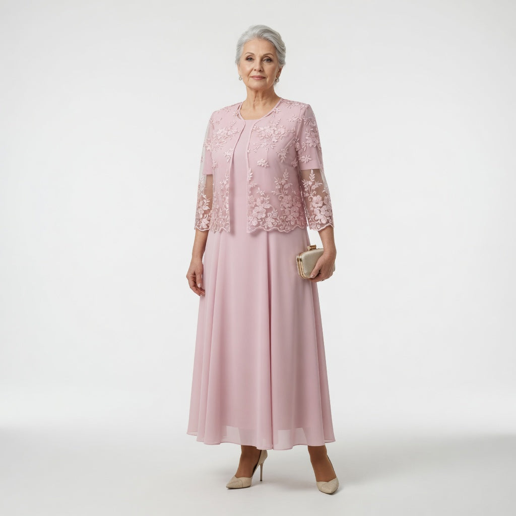 Round Neck Floral Lace Jacket Chiffon Maxi Dress Set