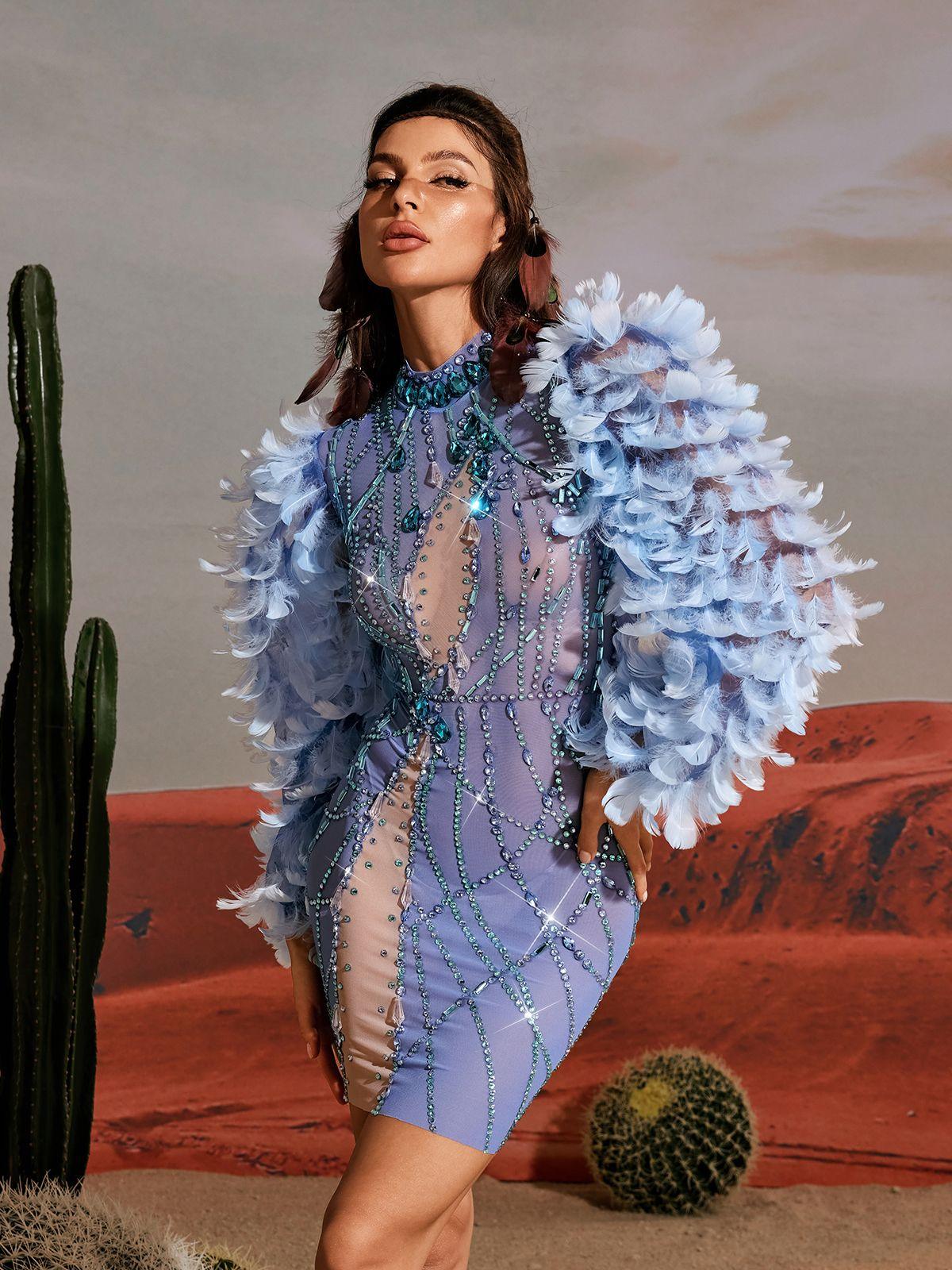 Long Sleeve Feather Embellished Mini Dress