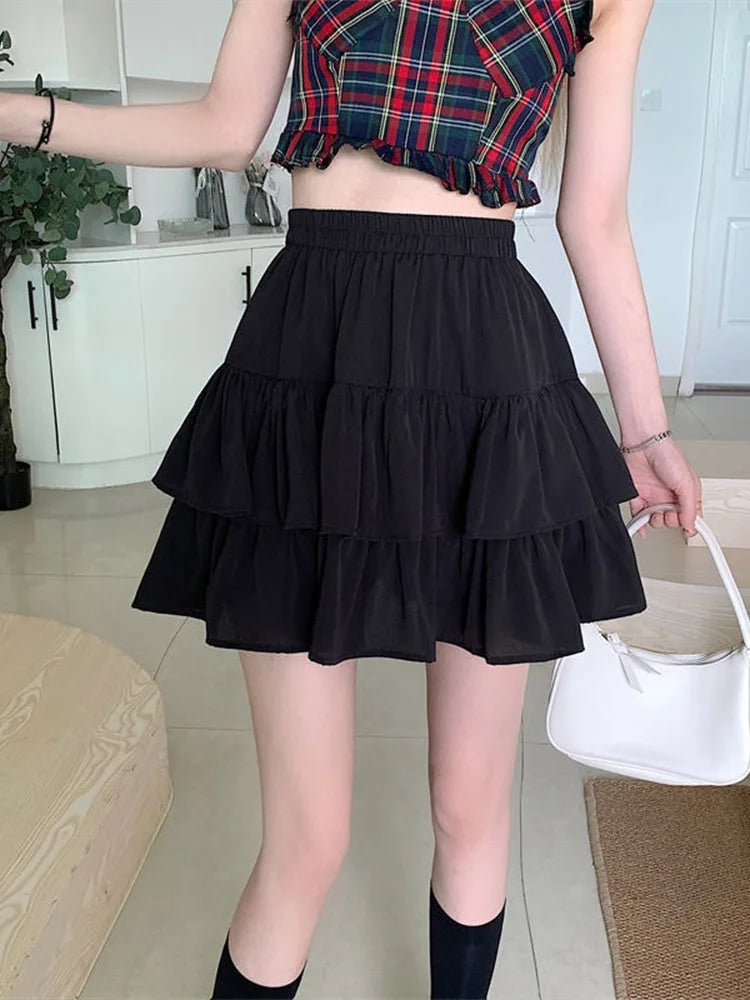 Pleated Aline White Ruffles Sweet Elastic Waist Summer Skirt