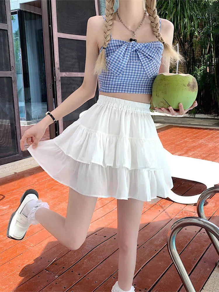 Pleated Aline White Ruffles Sweet Elastic Waist Summer Skirt