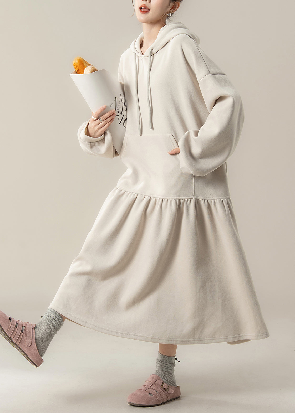 Plus Size Apricot Patchwork Cotton Hooded Dresses Fall