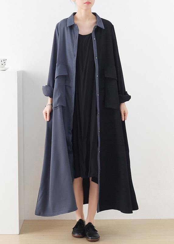 Plus Size Black Patchwork Blue Button Chiffon Spring Dress