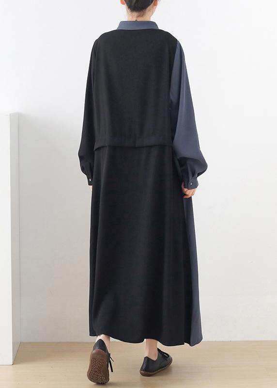 Plus Size Black Patchwork Blue Button Chiffon Spring Dress