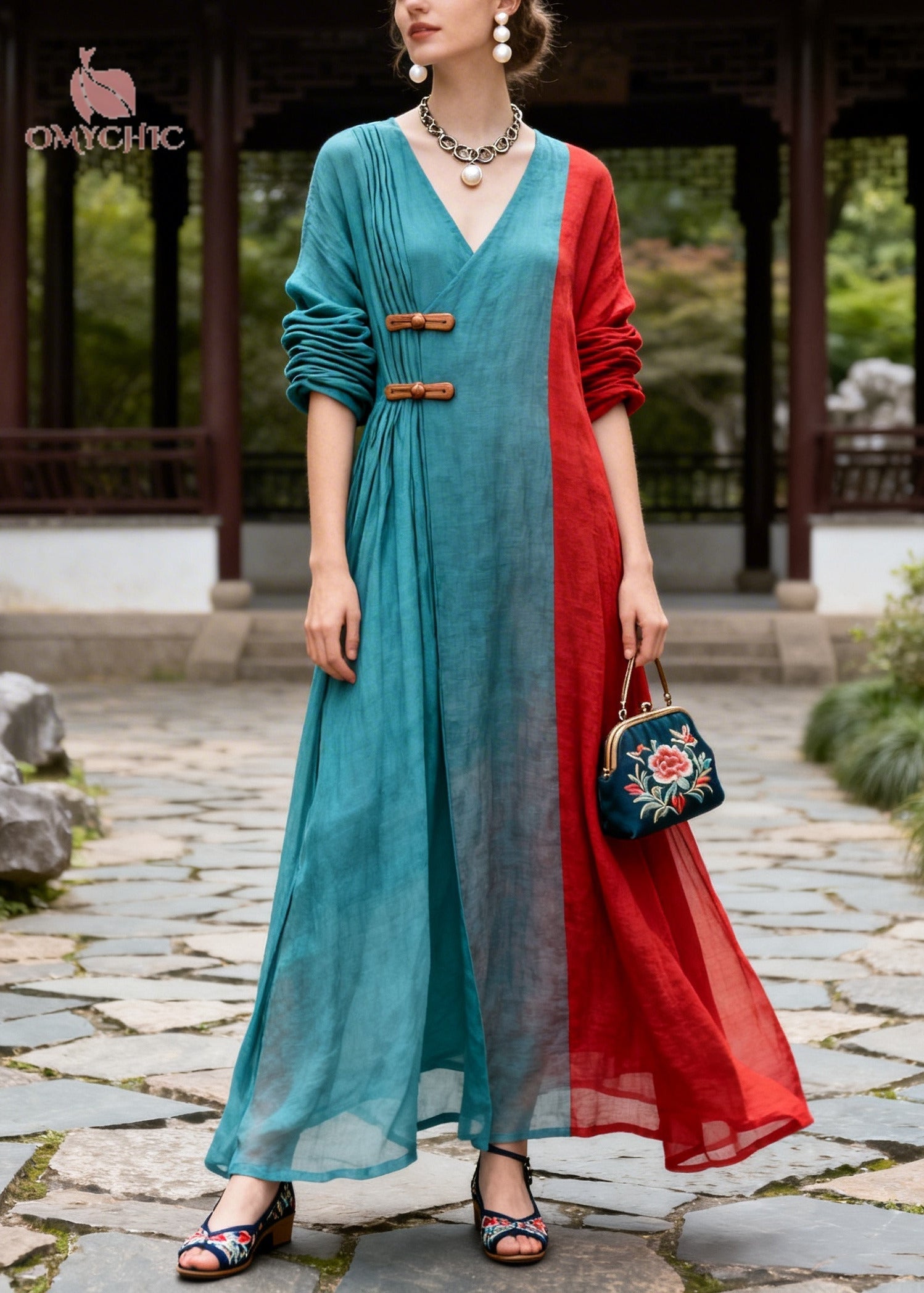 Plus Size Blue Asymmetrical Patchwork Chinese Button Cotton Dresses Summer