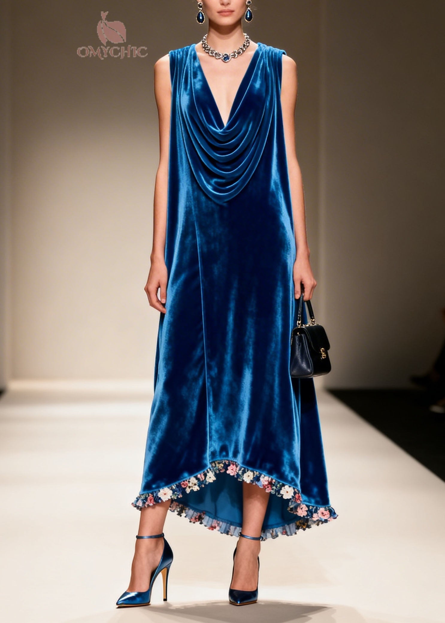 Plus Size Blue Draped Neckline Floral Patchwork Velvet Dress Sleeveless