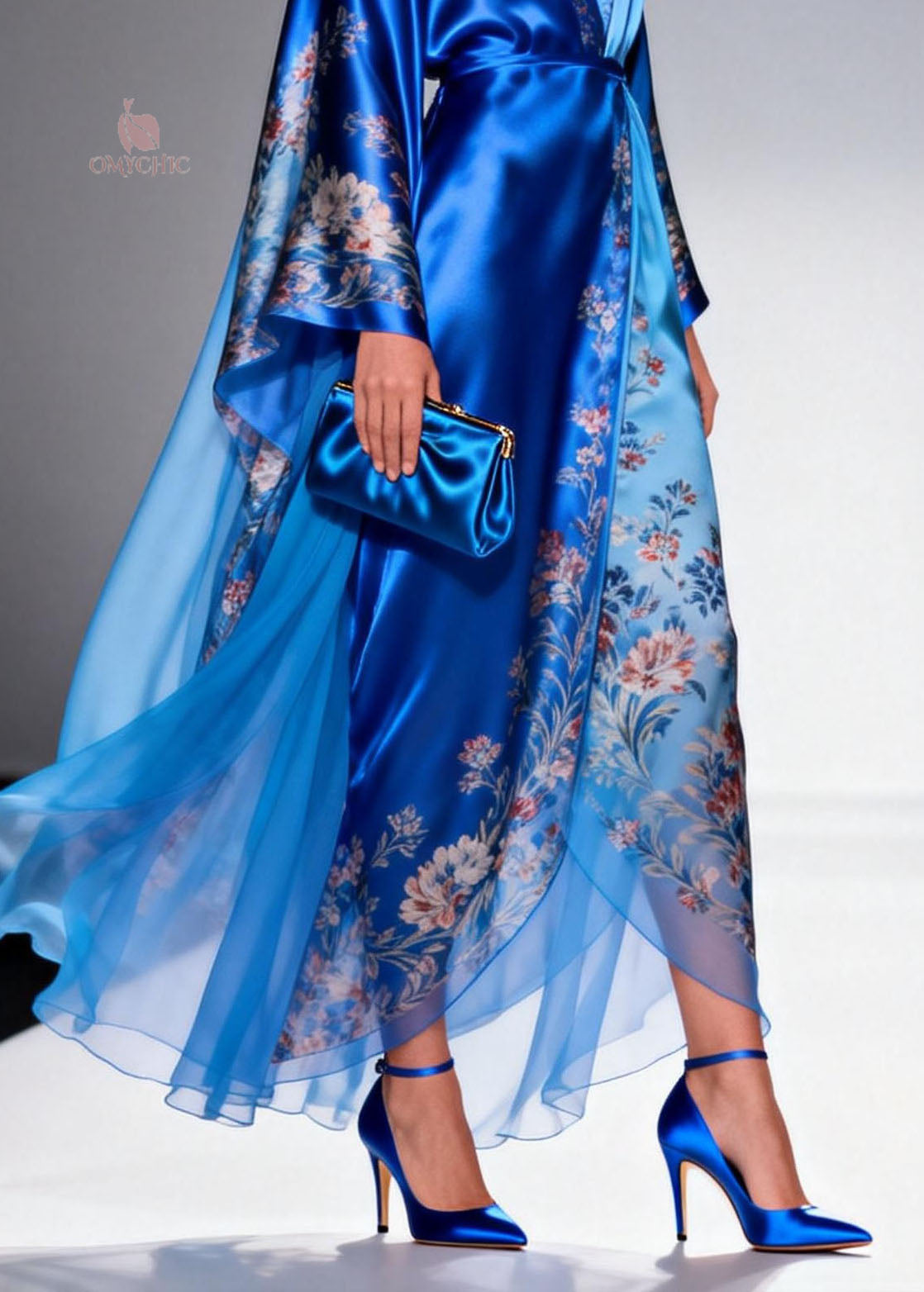 Plus Size Blue V Neck Print Patchwork Chiffon Dress Spring
