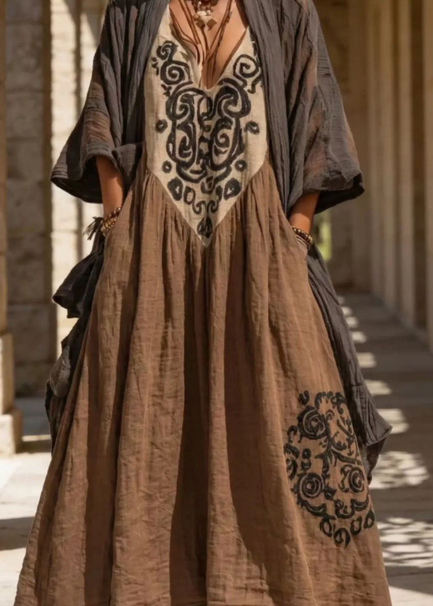 Plus Size Coffee Print Cardigans And Long Dress Two Pieces Set Summer