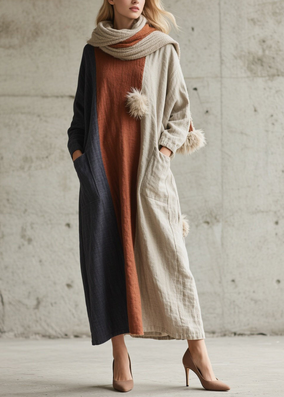 Plus Size Colorblock Pockets Patchwork Cotton Dress Fall