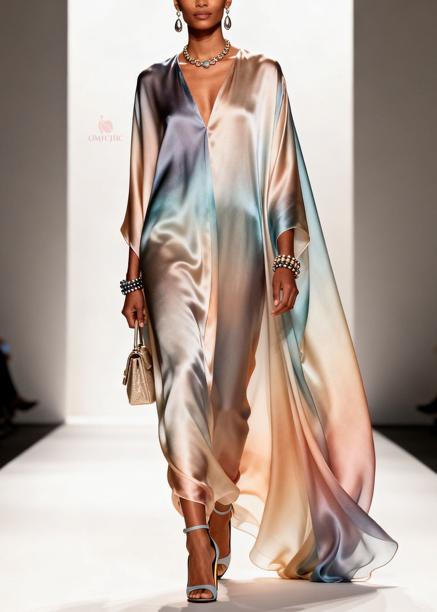 Plus Size Gradient Color V Neck Chiffon Long Dress Spring