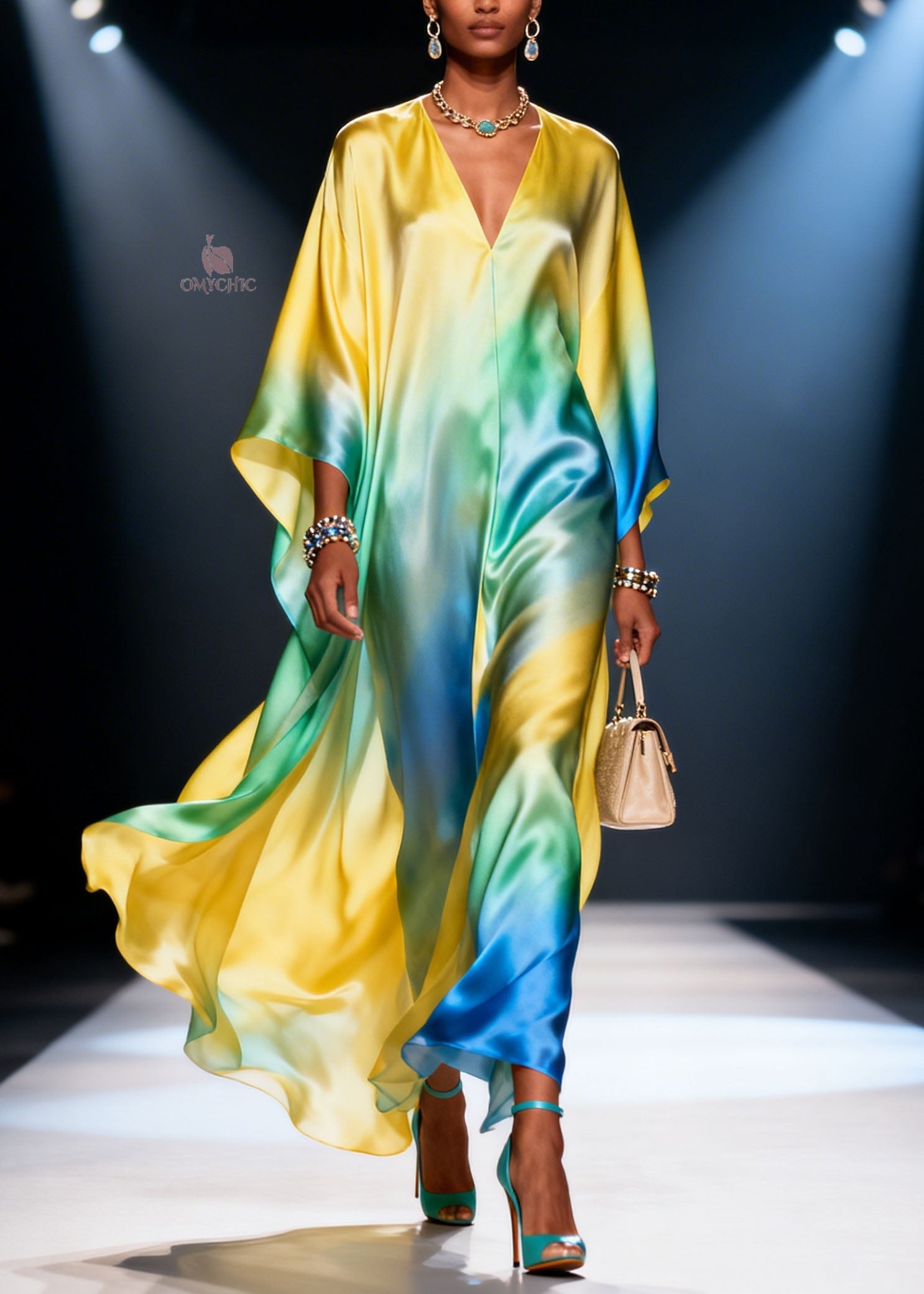 Plus Size Gradient Color V Neck Chiffon Vacation Dresses Spring
