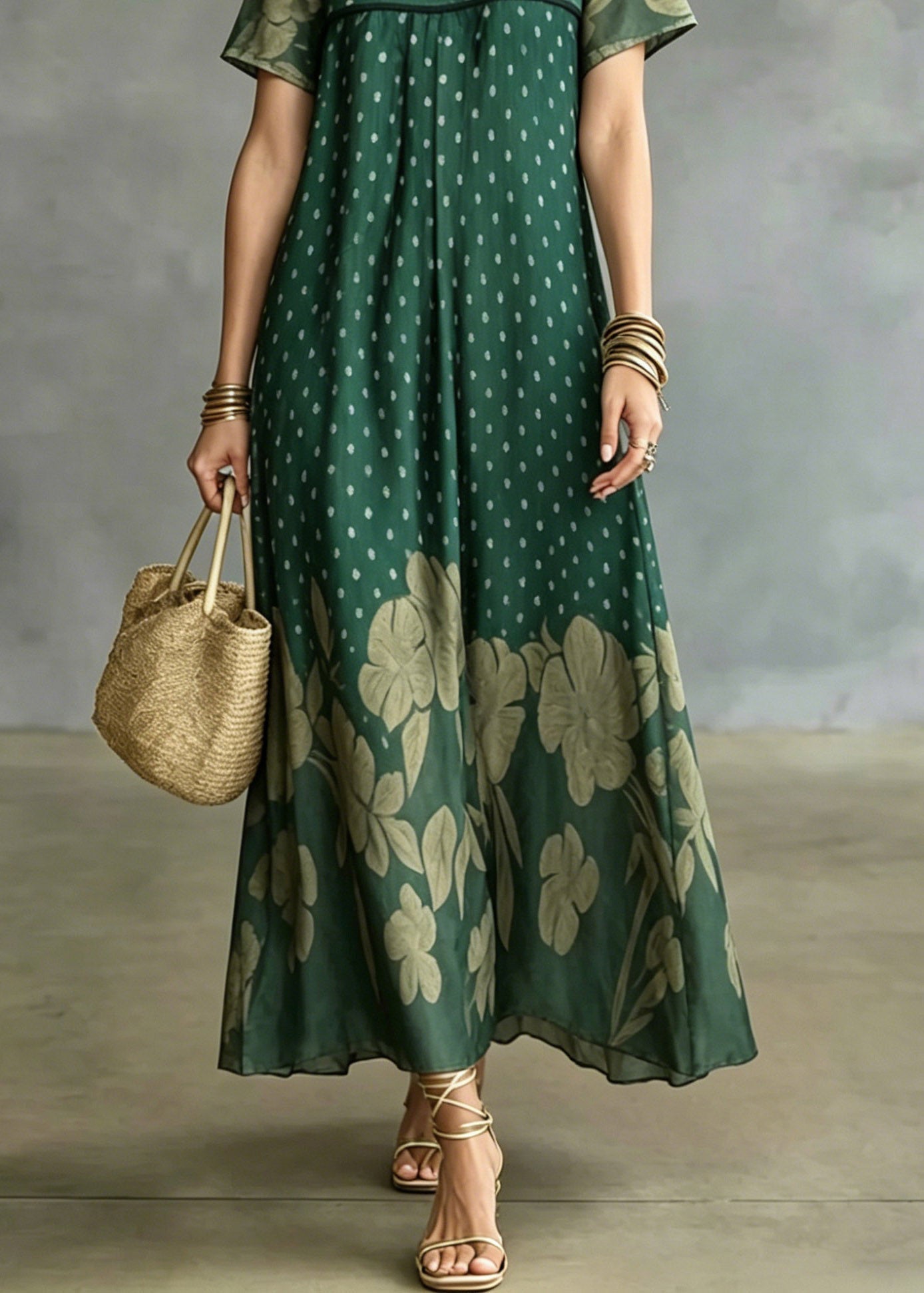 Plus Size Green V Neck Patchwork Ice Silk Long Dress Short Sleeve