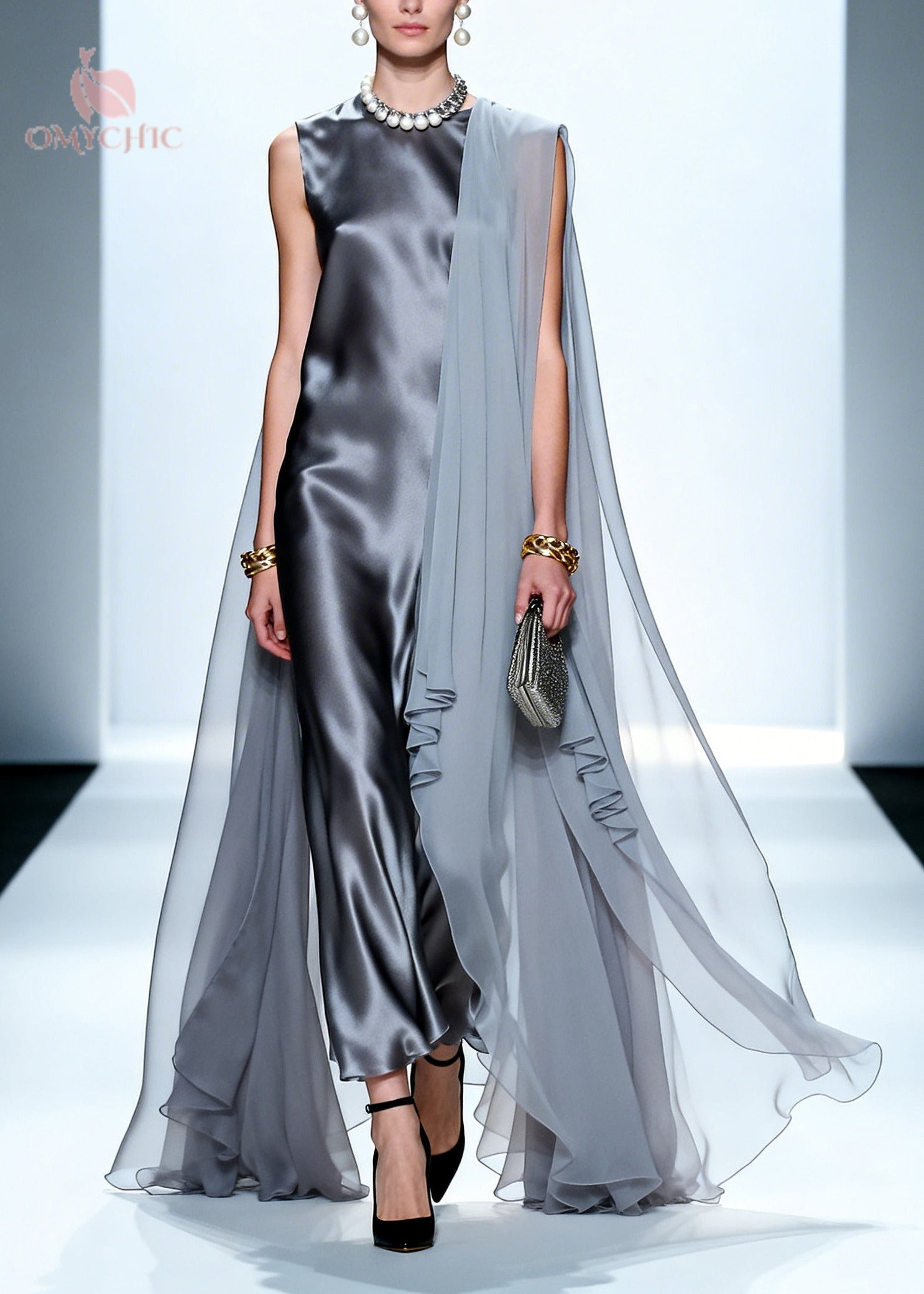 Plus Size Grey Oversized Patchwork Chiffon Maxi Dress Summer
