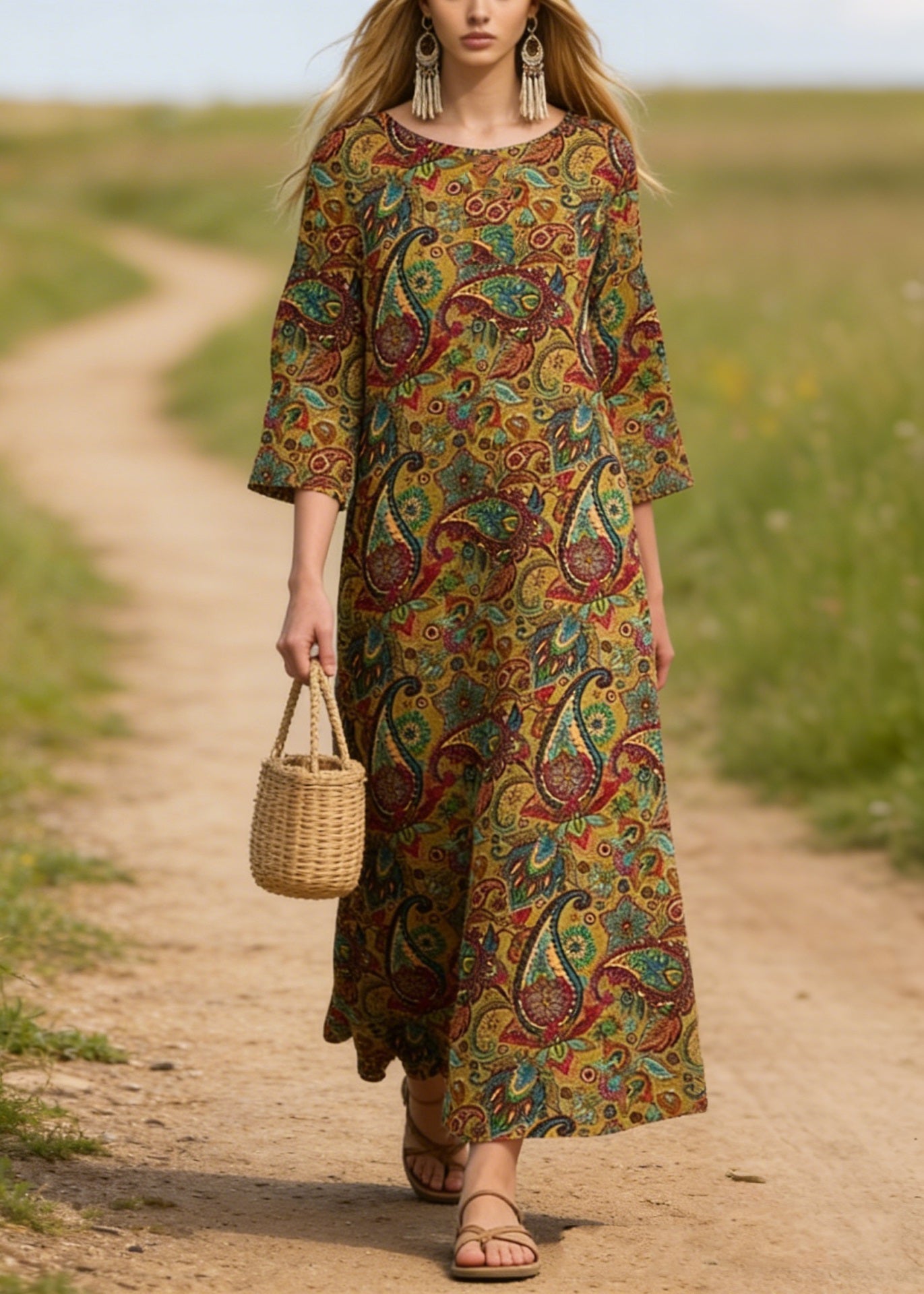 Plus Size O Neck Print Cotton Long Dresses Summer