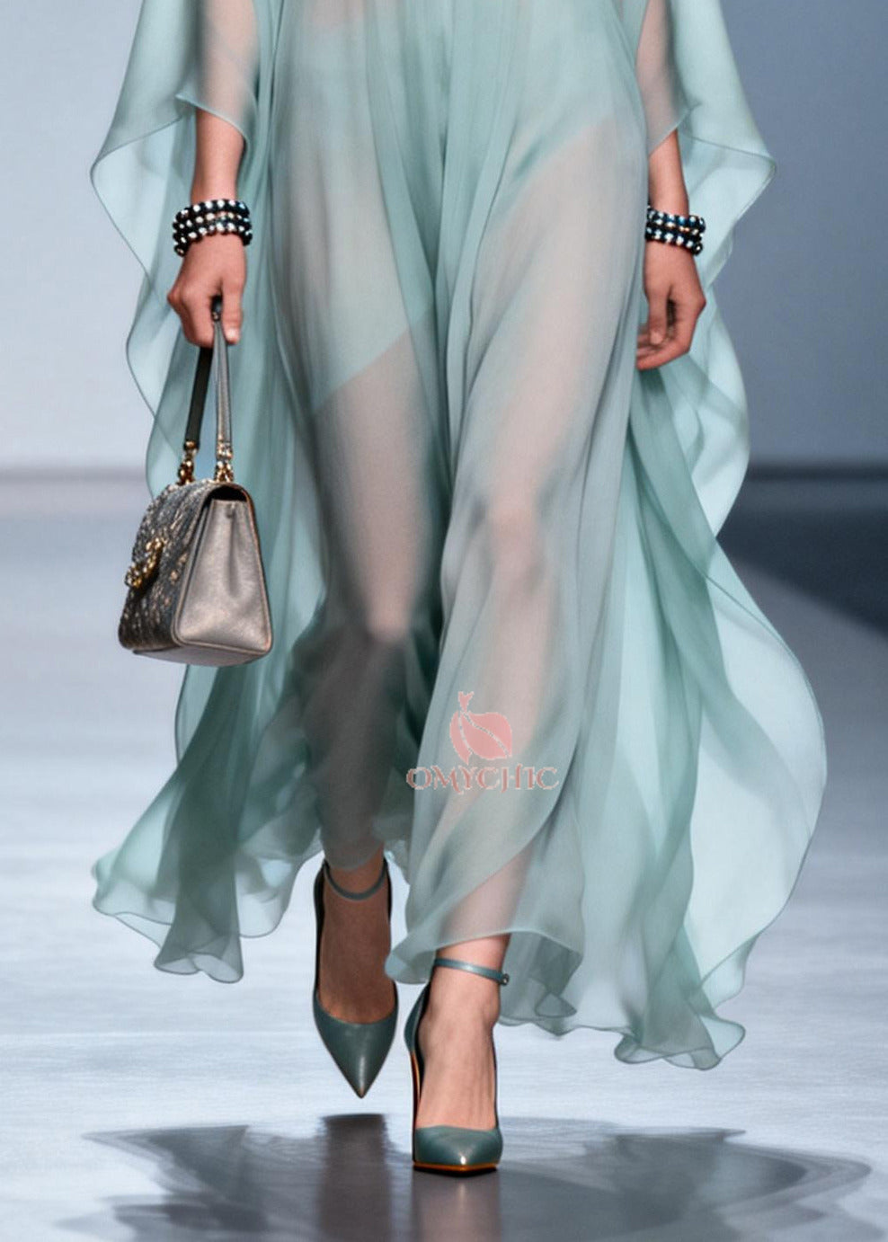Plus Size Sky Blue Print Draping Chiffon Maxi Dress Batwing Sleeve