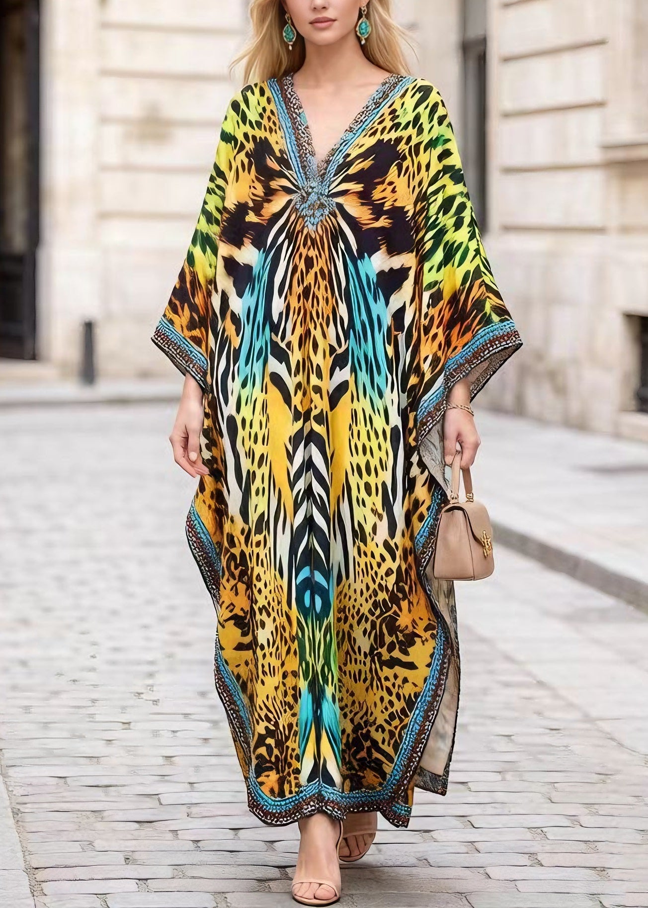 Plus Size V Neck Leopard Print Chiffon Long Dress Summer