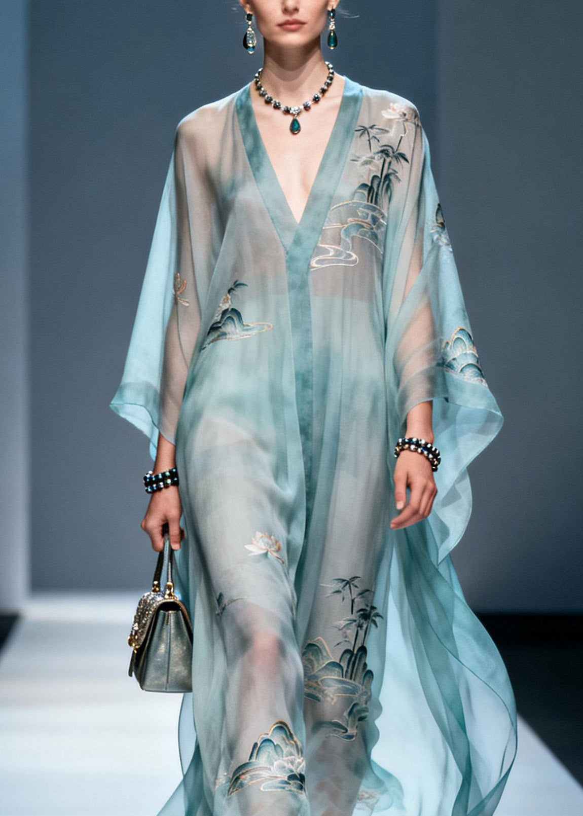 Plus Size V Neck Print Chiffon Long Dress Summer
