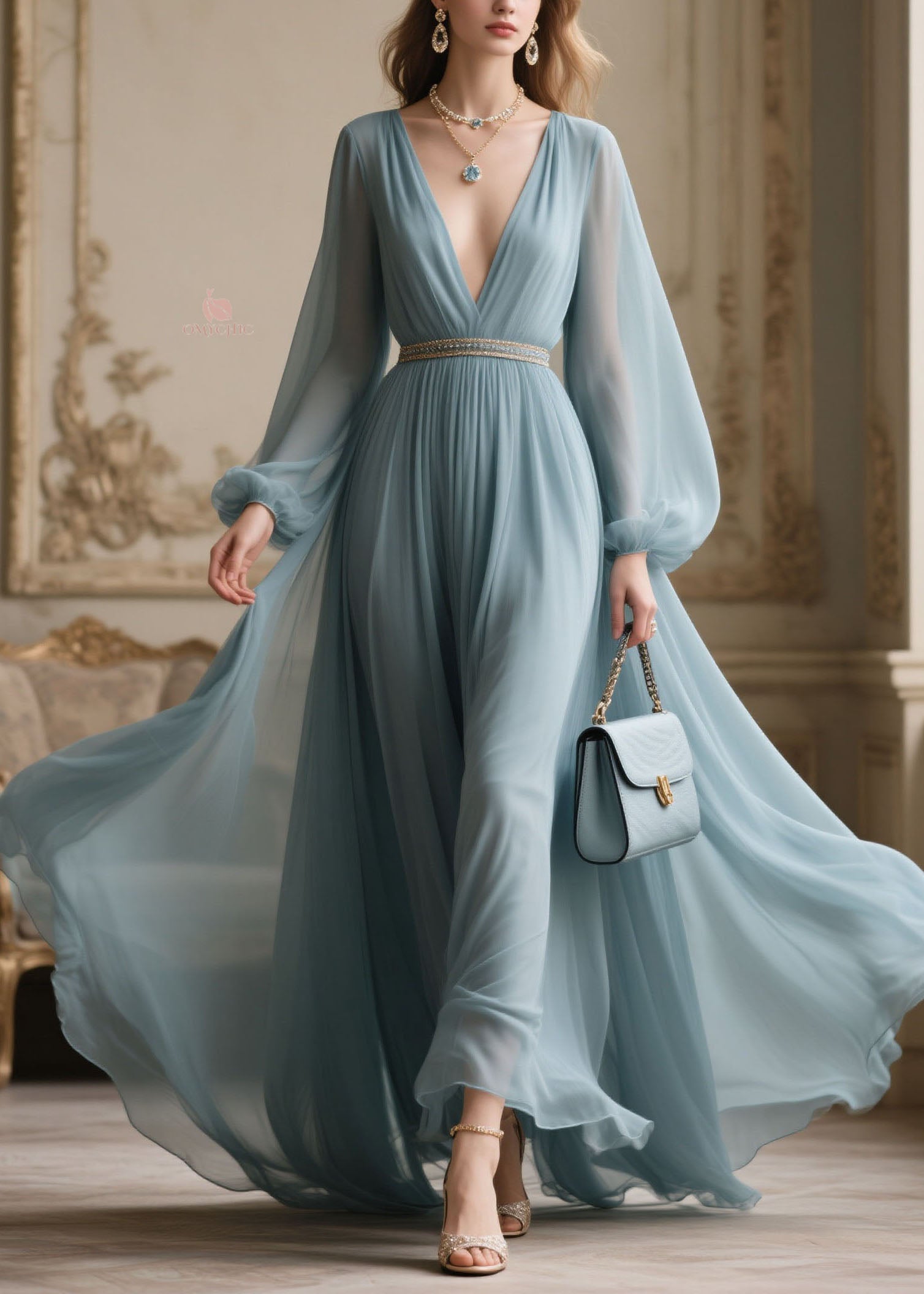 Plus Size V Neck Zircon Patchwork Chiffon Dresses Spring